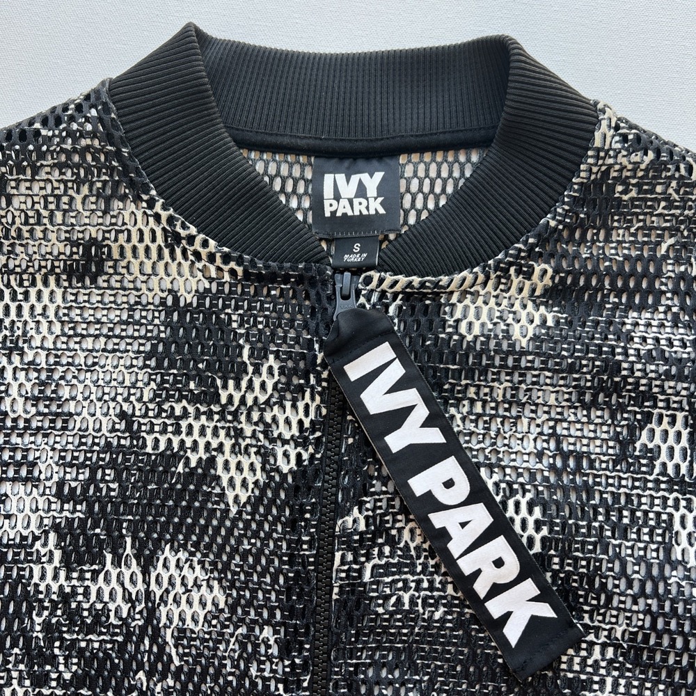 IVY PARK Bomber Jacket Womens S Black Cream Floral Mesh Full Zip Pockets Logo - Picture 8 of 8